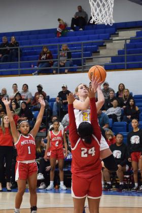 Bethel's Josie Megehee shoots for two during the First United Basketball Classic tournament against Mcloud last Friday night.  Bethel won, and then lost to Tecumseh in the Championship game the following night.  Countywide &amp; Sun/Julie Talton