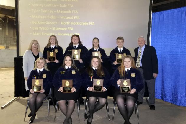 This year's recipients of the Gordon Richards, Sr. Achievement Award sponsored by the Clinic Pharmacy are seated from left to right, Berklee Gossen, North Rock Creek, Morley Griffith, Dale, Maci Flowers, Tecumseh and Madison Bickel, McLoud. Standing left to right are, Jamie Barrick, of The Clinic Pharmacy, Eva Web, Shawnee, Colton Ingersoll, Bethel, Kurstin Kuhlman, Asher, Tyler Denney, Macomb and Gordon Richards, Jr., who helps sponsor the award. File photo.