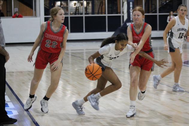 Shawnee freshman Tatyanna Thierry is fouled as she takes the ball down court in the fourth quarter of the Dec. 15 game against Crossings Christian. Playing back on the newly-repaired Performing Arts and Athletic Center, the Lady Wolves won, 56-34. The Wolves came up short, 47-67. Countywide &amp; Sun/Natasha Dunagan