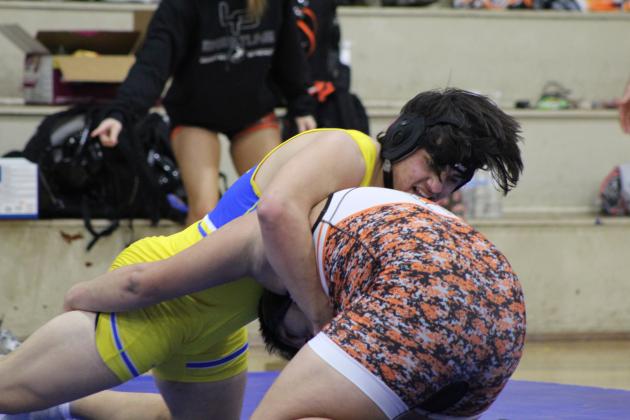 Bethel's Alex Barnett takes on his opponent from Lexington in the 285-pound weight class of the Bethel High School Dual on Jan. 9. The overall final score for the meet was a victory for Bethel, 36-24. Countywide &amp; Sun/Natasha Dunagan