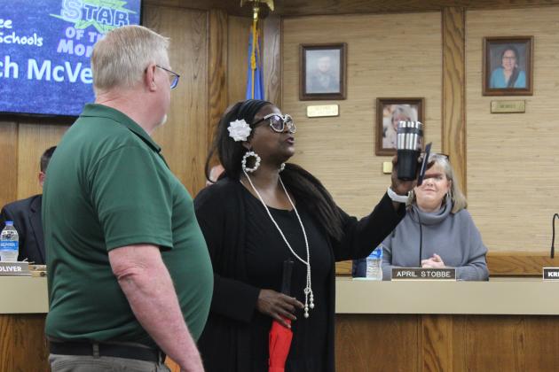 Shawnee Bus Monitor Blanch McVey shares her words of wisdom, after accepting the Star of the Month.
