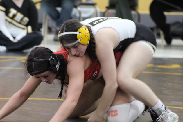 Tecumseh’s Trinity Rakestraw wears down her Davis opponent in the 135-pound class during the THS Wrestling Senior Night, Jan. 18. Countywide &amp; Sun/Natasha Dunagan