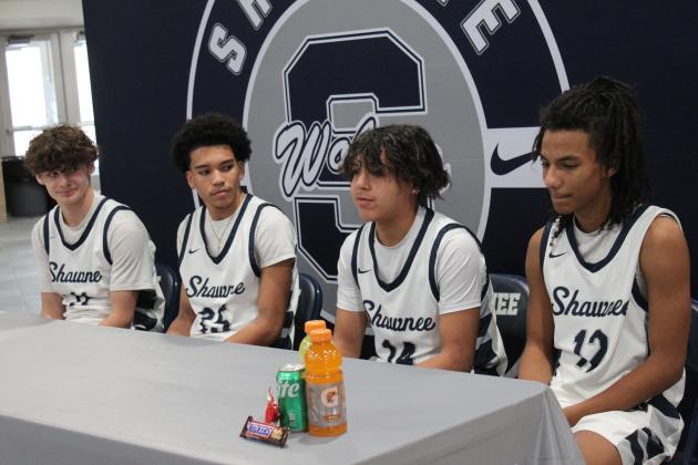 Shawnee High School held a Media Day for the Wolves basketball team on Jan. 21. Following photos, 11 varsity players were available to answer questions about the season.  Shown, from left, are Carter Whipkey, Isaiah Smith, Angel Avitia and Keeno Citizen. Countywide &amp; Sun/Natasha Dunagan