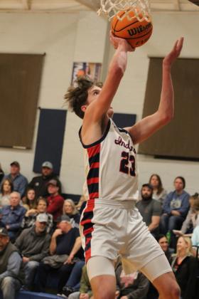 Asher's Mikey Van Schuyver sinks his shot, unopposed, during the Feb. 10 Class B District game with Wapanucka, held at home. After getting a bye on the Feb. 9 game, the Indians won, 67-34 The Lady Indians also won their District game that night against Legacy Christian School, 45-14. Both teams will play in the Class B Regionals tonight in Chattanooga. Countywide &amp; Sun/Natasha Dunagan
