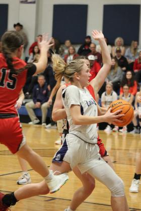 Asher senior Ryleigh Reeser drives to the basket in the fourth quarter of the Senior Night home game with Stratford, Feb. 2. The Lady Indians lost, 33-38. They will play in District 3 competition, Feb. 10, at 6 pm, in Asher. Countywide &amp; Sun/Natasha Dunagan