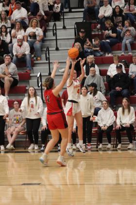 Dale junior Ava Bell hits a three-pointer in the last moments of the final regular season home game, with Vanoss on Feb. 6. The Lady Pirates won, 52-42, and have a record of 23-1.