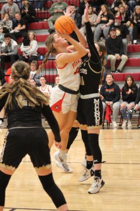 Dale junior Jessyn Hartman tries for two points during the Class 2A District Championship with Mounds on Feb. 17. The Lady Pirates won, 87-28, and will play in regionals at home today (Feb. 22) at 6 pm. Countywide &amp; Sun/Natasha Dunagan