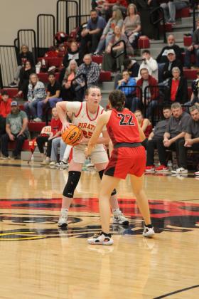 Dale's Teague Muncy guards the ball and looks to pass in the final regular season home game, with Vanoss on Feb. 6. The Lady Pirates won, 52-42, and have a record of 23-1. Countywide &amp; Sun/Natasha Dunagan
