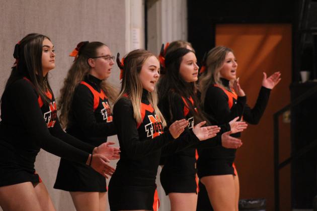 The Maud Cheerleaders do a chant during the Jan. 26 homecoming girls game.