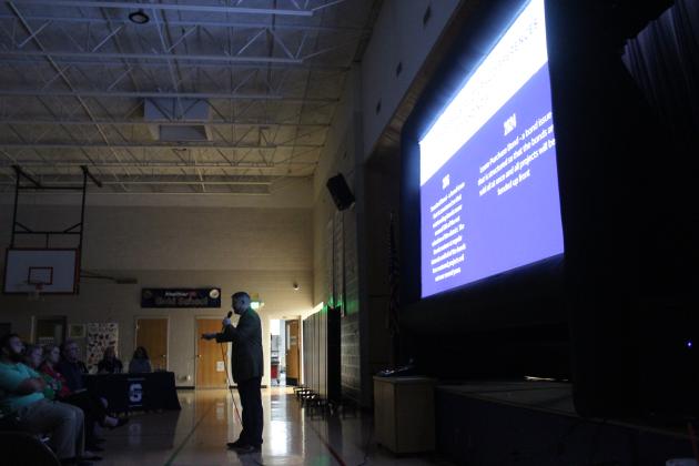 Shawnee Superintendent Dr. Aaron Espolt gives a Power Point presentation on the two proposals which will be on the April 2 special bond election ballot.