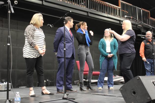 United Way of Pottawatomie County Executive Director Sandy Vanderburg interviews the candidates for their "Kiss the Pig" fundraiser during the PCJLS Pig Roast &amp; Trophy Auction on Feb. 5. The candidates are, from left, Kellie Clay, Oklahoma Senator Shane Jett, Fhionna Shaughnessy and Cama Watts. Not present was Richard Driskell. The deadline to vote is March 5, and the person with the least votes will kiss a pig. Countywide &amp; Sun/Natasha Dunagan