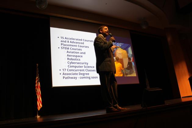Shawnee Superintendent Dr. Aaron Espolt speaks about what Shawnee High School offers during the "State of the Schools" event, Feb. 12, at the Performing Arts and Athletic Center Auditorium. Countywide &amp; Sun/Natasha Dunagan