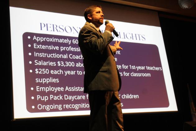Shawnee Superintendent Dr. Aaron Espolt speaks about what the Shawnee Public School District offers their employees during the "State of the Schools" event, Feb. 12, at the Performing Arts and Athletic Center Auditorium. Countywide &amp; Sun/Natasha Dunagan