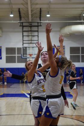 It was an all hands on deck situation for the Lady Wildcats as Brooklyn Duff and Alexis Tucker and attempt to block Lady Savage Reagan Berry on Feb 2nd.  Tecumseh won 46-43. Countywide &amp; Sun/Julie Talton