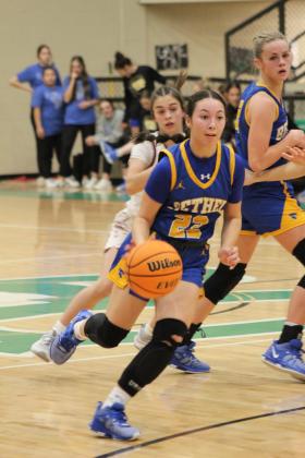 Bethel's Ava Gascon takes the ball down the court during the Class 3A Area game against Sequoyah (Tahlequah), held at Seminole High School, Feb. 29. The Lady Wildcats won, 60-57. They also won the next two games with Millwood on March 1, 79-74 in overtime, and against Holdenville on March 2, 45-36. Countywide &amp; Sun/Natasha Dunagan