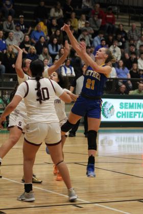 Bethel junior Josie Megehee makes a basket and gets the foul in the third quarter of the Class 3A Area game against Sequoyah (Tahlequah), held at Seminole High School, Feb. 29.  The Lady Wildcats won, 60-57. They also won the next two games with Millwood on March 1, 79-74 in overtime, and against Holdenville on March 2, 45-36. Countywide &amp; Sun/Natasha Dunagan