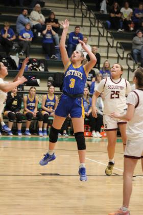Bethel sophomore Alexis Tucker sinks a shot in the third quarter of the Class 3A Area game against Sequoyah (Tahlequah), held at Seminole High School, Feb. 29. The Lady Wildcats won, 60-57. They also won the next two games with Millwood on March 1, 79-74 in overtime, and against Holdenville on March 2, 45-36. Countywide &amp; Sun/Natasha Dunagan