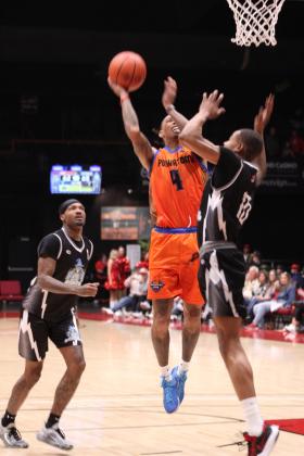 Potawatomi Fire point guard Chuck Guy puts up a shot in the third quarter of the home game with the Wichita Sky Kings on March 15. The Fire won, 148-125. Countywide &amp; Sun/Natasha Dunagan