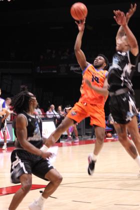 Potawatomi Fire point guard Darius Roy makes a bucket in the fourth quarter of the home game with the Wichita Sky Kings on March 15. The Fire won, 148-125. Countywide &amp; Sun/Natasha Dunagan