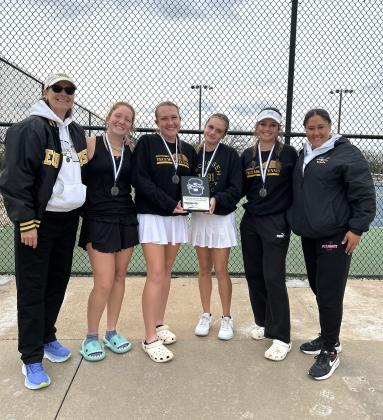 The Tecumseh High School Girls Tennis Team received second place, out of eight schools, in the Shawnee High School Tennis Tournament on March 15. The girls played at OBU, and the boys played at SHS. Shown, from left, are Head Tennis Coach Jennifer McKnight, Laycee Thoma, Lili Lowden, Kalyn Bartmess, Kyann Sells and Assistant Tennis Coach Megan Laughlin. Photo provided.