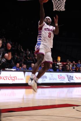 Potawatomi Fire small forward K.D. Moore catches a long pass and sinks the basket during the March 23 home game with the Texas 7ers. The 2023 TBL National Champs continued their winning streak with a final score of 141-119. Countywide &amp; Sun/Natasha Dunagan