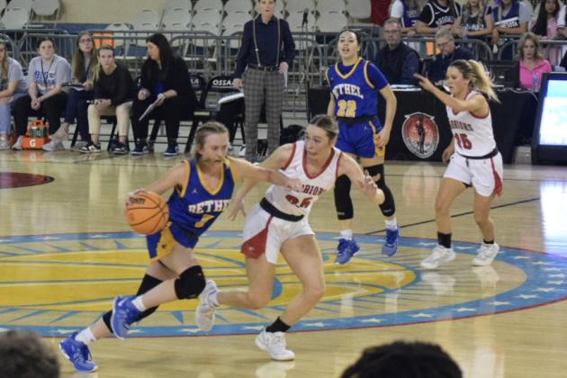 Brooklyn Duff fights her way down the court in the season-ending game against No. 1-ranked Washington of the 3A State Quarterfinals at the State Fair Arena on March 5.  Bethel suffered a heartbreaking loss, 54-27, as both teams emptied their benches.  Countywide &amp; Sun/Julie Talton