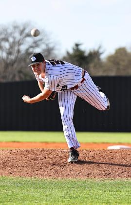 North Rock Creek's starting pitcher Jace Plumb hurls the it over home plate in action against Cushing Tuesday, Mar. 12. Photo courtesy of Gowin Photography