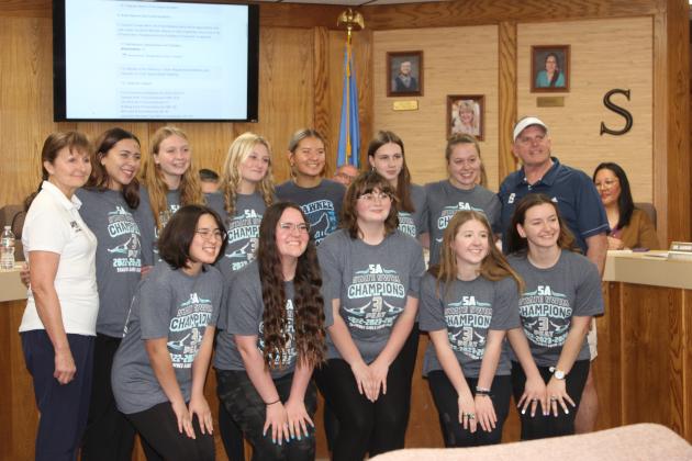 The Shawnee High School Girls Swim Team was recognized during the Shawnee Public Schools Board of Education March 4 meeting for winning at the State Championship Swim Meet for the third year in a row, even without the YMCA pool for practice this year.