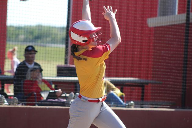 Dale's Makenzie Ellis hits a home run during the third inning of the April 22 home game with Class 6A Mustang. In Class 4A, the Lady Pirates slow pitch team lost, 8-17, making their record 29-6. They were scheduled to play in regionals on April 23. Countywide &amp; Sun/Natasha Dunagan