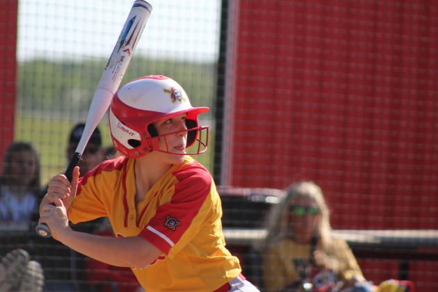 Dale's Reese Herring prepares for a hit during the April 22 home game with Class 6A Mustang. In Class 4A, the Lady Pirates slow pitch team lost, 8-17, making their record 29-6. They were scheduled to play in regionals on April 23. Countywide &amp; Sun/Natasha Dunagan