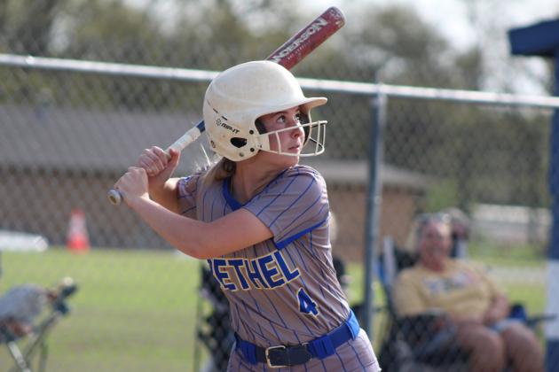 Bethel's Taylor Boles keeps her eye on the ball during the slow pitch double header with Davenport on April 8. The Lady Wildcats won both games, 12-0 and 10-0. Countywide &amp; Sun/Natasha Dunagan