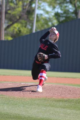 Dale sophomore Denton Forsythe winds up the pitch during the Bill Tipton Classic game at Shawnee on April 11. The Pirates won all four of their games, as well as the tournament. They beat Shawnee, 9-6; Eisenhower, 6-0; Piedmont, 7-3; and Elgin, 14-6, over three days. Countywide &amp; Sun/Natasha Dunagan