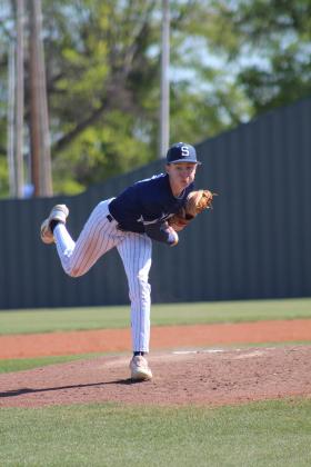 Shawnee sophomore Dominic Denega slings one over home plate during the 20th Annual Bill Tipton Classic game with Dale on April 11. The Wolves lost that game, 6-9, as well as two other games with Elgin and Piedmont, but they won against Eisenhower, 7-5. Countywide &amp; Sun/Natasha Dunagan