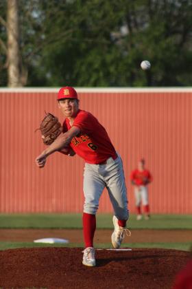 Dale pitcher Casen Richardson slings one toward home during the April 8 home game with Tuttle. The Pirates won, 6-2. 