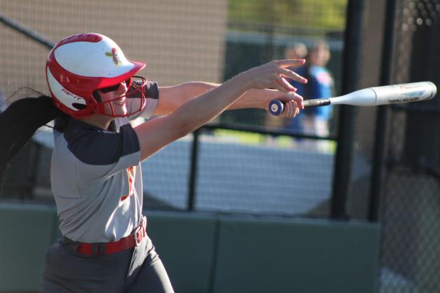Dale’s Karsen Griggs sends the ball flying during the Dale Slowpitch Festival game against Choctaw on April 11 at FireLake Ball Fields. The Lady Pirates lost that game, 2-11, but they won with Union, 15-0, earlier that day, and they beat Binger-Oney, 11-2, on April 12. Countywide &amp; Sun/Natasha Dunagan