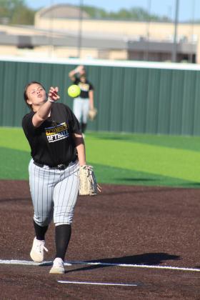Tecumseh senior Khylei Daniels sends the ball toward home in the Dale Slowpitch Festival game with Southmoore on April 11 at the FireLake Ball Fields. The Lady Savages won that game, 10-9, and earlier with Hinton, 10-2. Countywide &amp; Sun/Natasha Dunagan