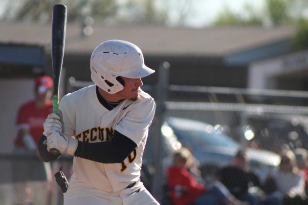 Tecumseh junior Caleb Sparks prepares to hit a single during the April 4 game with North Rock Creek. The Savages lost, 0-3. Countywide &amp; Sun/Natasha Dunagan