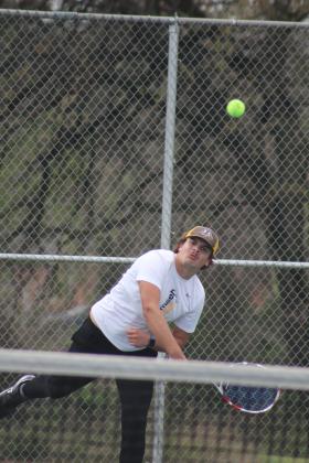 Tecumseh junior Noah Henson serves during the Tecumseh Tennis Tournament, April 2. Henson and his tennis partner Jaxon Kuhn competed in #1 Doubles. Tecumseh High School hosted eight schools for the two-day event. Countywide &amp; Sun/Natasha Dunagan