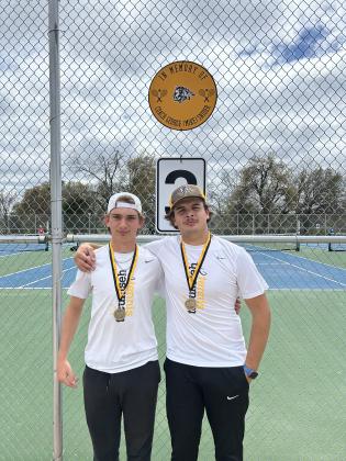 Tecumseh's #1 Doubles Team Jaxon Kuhn and Noah Henson, shown, took first place at the Tecumseh Tennis Tournament. The two-day event hosted eight schools, with the girls playing on April 1 and the boys on April 2. The #2 Doubles Team, Ted Belshe and Jessy Thoma, placed 5th. Aaron Sack in #2 Singles placed seventh, and Landyn Ashby in #1 Singles came in eighth. Photo provided.