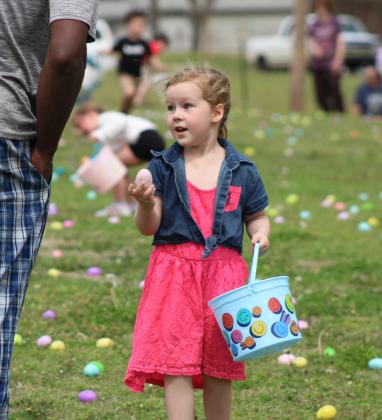 Emma Bernard, 4, of Tecumseh, talks as she gathers eggs during the Tecumseh Citywide Easter EGGsperience on March 30, organized by the Tecumseh Assembly of God Church. There were 8,000 eggs to collect, prize drawings, inflatables, live music, hotdogs and drinks at the event. Countywide &amp; Sun/Natasha Dunagan