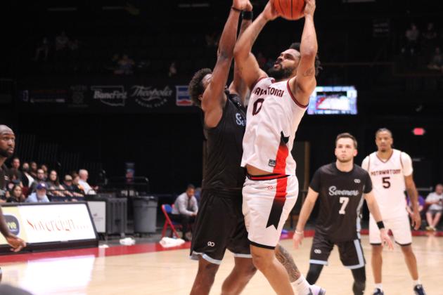 Potawatomi Fire point guard Deshawn Munson shoots for two points during the May 11 home game with the Texas Seveners. In their 17th-straight win for the season, the Fire beat the Seveners, 135-123. Countywide &amp; Sun/Natasha Dunagan