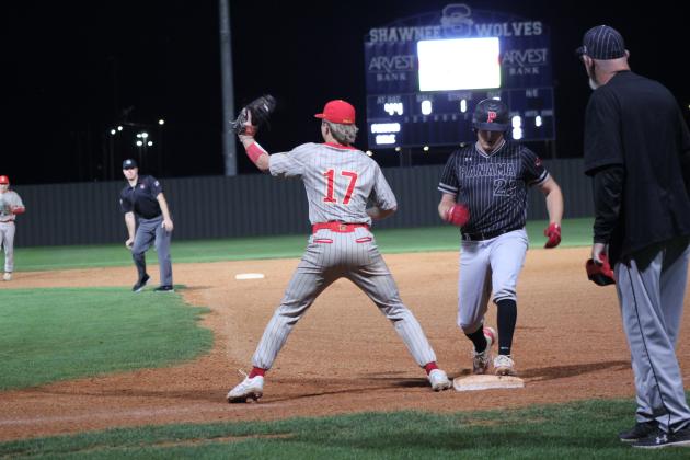 Dale senior Dayton Forsythe makes the catch as a Panama runner returns to first base in the Class 2A State Baseball Quarterfinals, held at Shawnee High School on May 9. The game with Panama was delayed for rain and didn't start until around 10 pm. The Pirates won that game, 9-3, but lost, 1-2, in the Semifinals to Cashion on May 10. Their season ends with a record of 27-5. Countywide &amp; Sun/Natasha Dunagan
