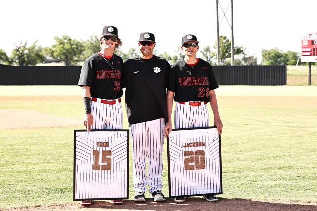 North Rock Creek seniors Jesse Todd and Dylan Jackson pose with Coach Hernandez. Monday, April 22, was the last home game for the NRC baseball team.  It was also senior night for Todd and Jackson. The team beat Little Axe 17-0 and traveled to Oologah this week where they won Regionals.