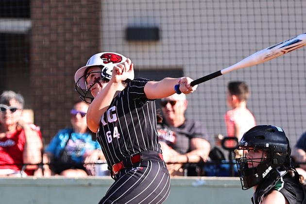 North Rock Creek's Ashlyn Bade hits the ball for a single in Districts.