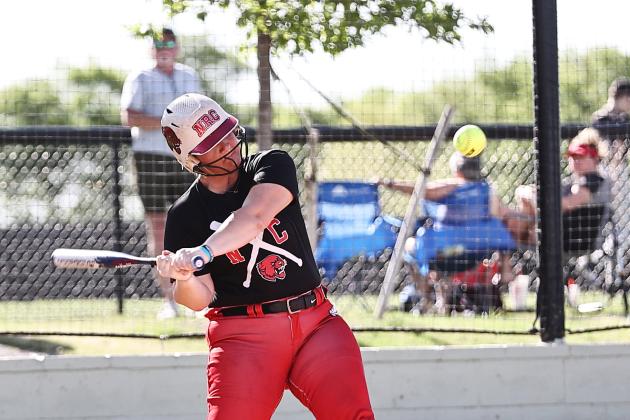 North Rock Creek's Hannah Earlywine hits one of her HR's. The Lady Cougars beat Cleveland Monday night (April 15, 2024), 12-0.
