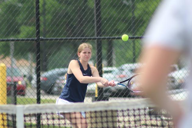 Shawnee senior Bella Koepke keeps the ball in motion, as part of the #1 Doubles team with junior Emelia Bronson, during the Shawnee NGB Tournament on April 26. Countywide &amp; Sun/Natasha Dunagan