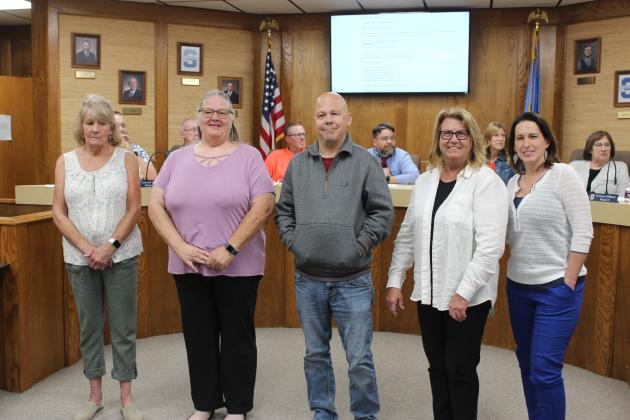 The Shawnee Public Schools Support of the Year were honored at the Board of Education meeting on May 14. They are, from left, Angela Thomas, Nancy Johnson, Jeremy Cole, Brooke Easley, and Brandee Kinnamon.  Countywide &amp; Sun/Natasha Dunagan