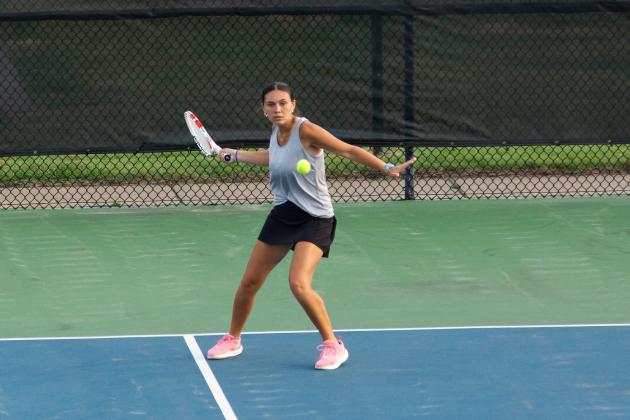 Tecumseh junior Jalee Meyers competed in #1 Doubles with fellow junior Laycee Thoma at the Class 4A State Girls Tennis Tournament, May 3-4, at the OKC Tennis Center. On May 3, Meyers and Thoma beat Lincoln Christian and lost to Christian Heritage. On May 4, they won against Wagoner, lost to Crossings Christian, and beat Regent Prep to place seventh, said Coach Jennifer McKnight. Photo provided.