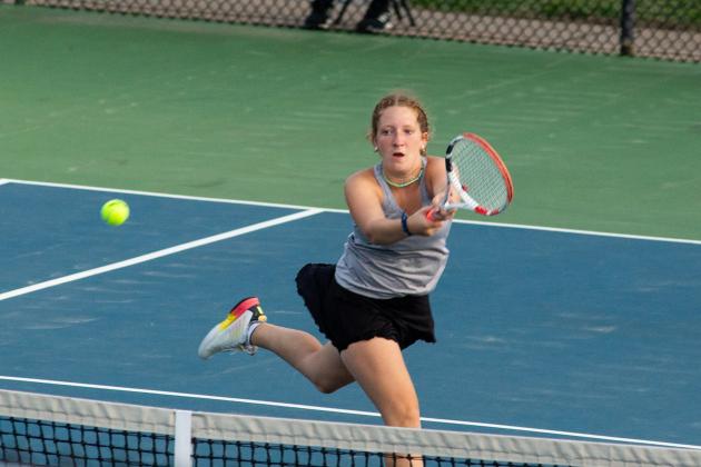 Tecumseh junior Laycee Thoma competed in #1 Doubles with fellow junior Jalee Meyers at the Class 4A State Girls Tennis Tournament, May 3-4, at the OKC Tennis Center. On May 3, Meyers and Thoma beat Lincoln Christian and lost to Christian Heritage. On May 4, they won against Wagoner, lost to Crossings Christian, and beat Regent Prep to place seventh, said Coach Jennifer McKnight. Photo provided.