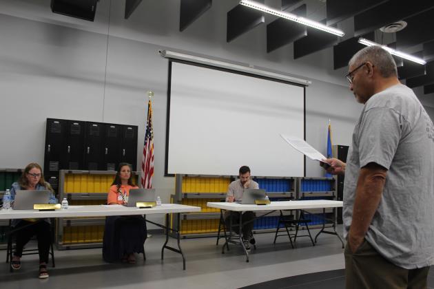 Victor Cope speaks to the Tecumseh Public School Board of Education, which includes Vice President Iva Bingham and members Nicole Sanchez and Dylan Hays at the meeting on May 28. Cope said Native American students have been bullied at schools that have mascots such as the Redskins or Savages. Countywide &amp; Sun/Natasha Dunagan
